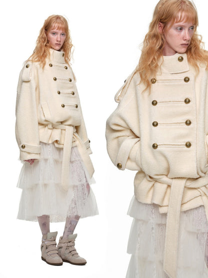 Napoleon Stand Collar Double-Breasted Belt Tweed Woolen Coat【s0000019025】