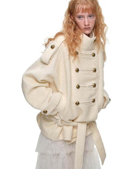 Napoleon Stand Collar Double-Breasted Belt Tweed Woolen Coat【s0000019025】