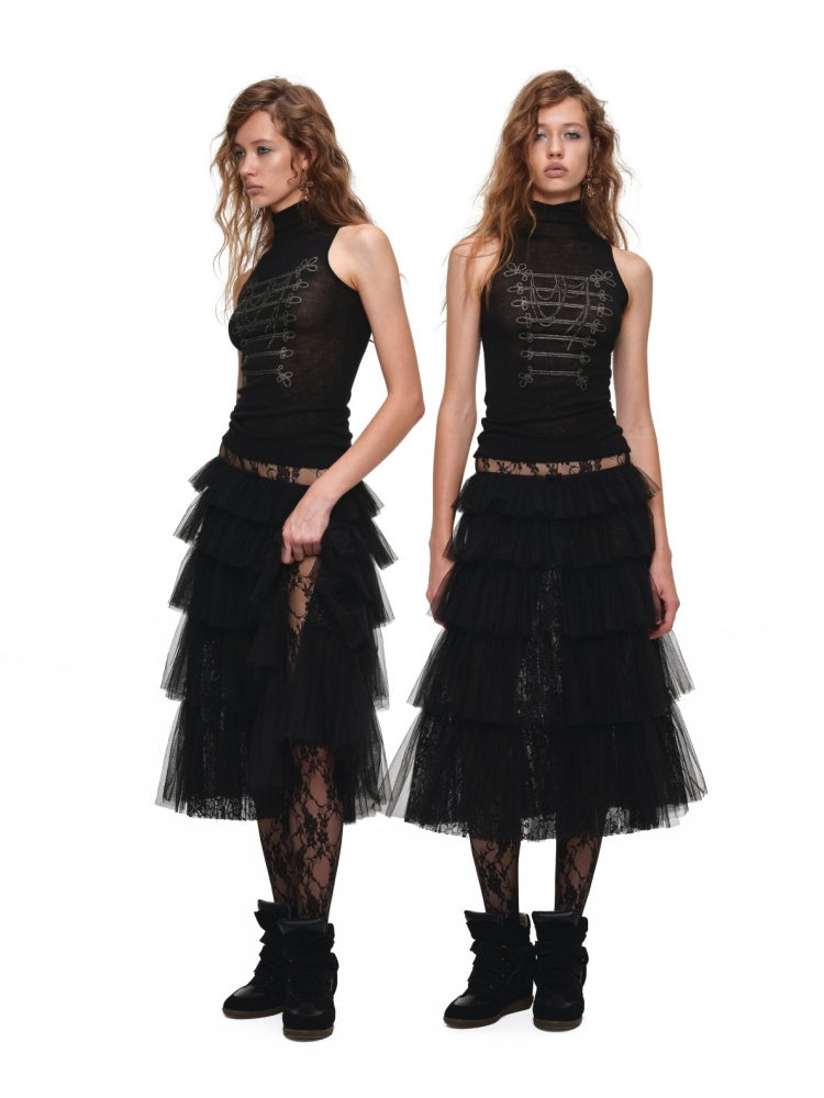 Lace Multi-Layer Pleated Mid-Length Slit Puff Cake Tulle Skirt【s0000019027】
