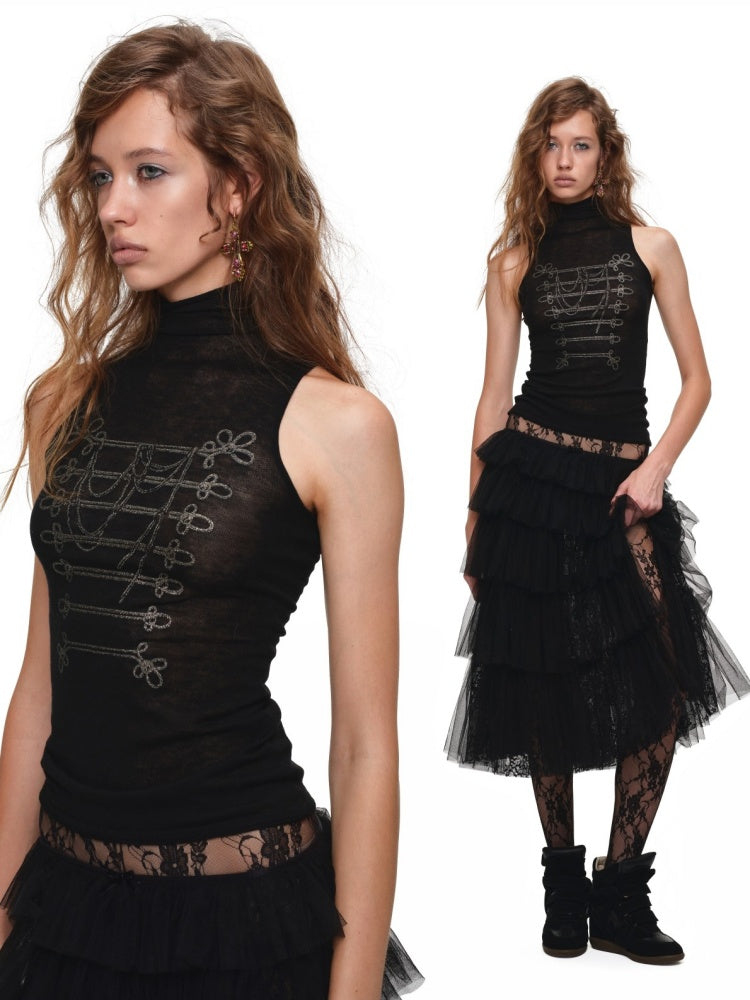 Lace Multi-Layer Pleated Mid-Length Slit Puff Cake Tulle Skirt【s0000019027】