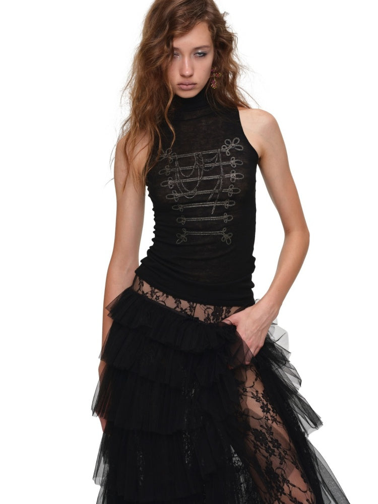 Lace Multi-Layer Pleated Mid-Length Slit Puff Cake Tulle Skirt【s0000019027】