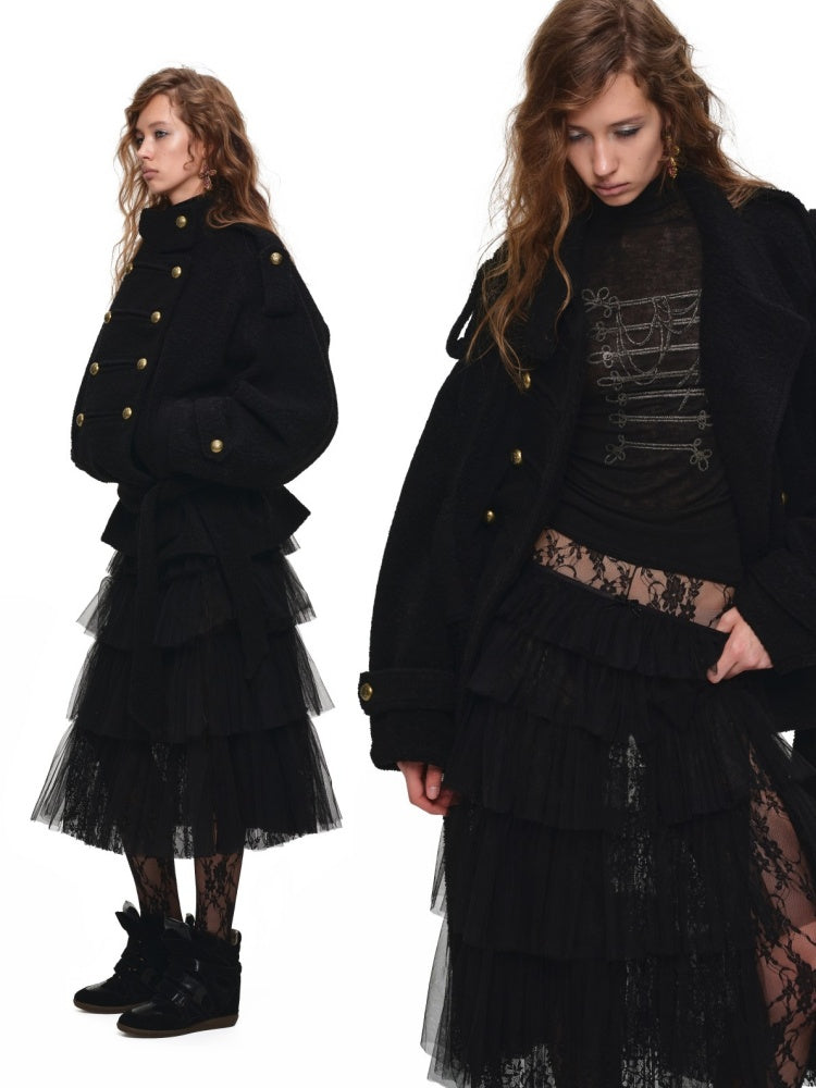 Lace Multi-Layer Pleated Mid-Length Slit Puff Cake Tulle Skirt【s0000019027】