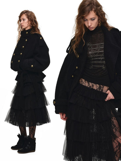 Lace Multi-Layer Pleated Mid-Length Slit Puff Cake Tulle Skirt【s0000019027】