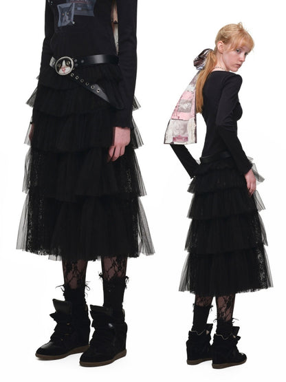 Lace Multi-Layer Pleated Mid-Length Slit Puff Cake Tulle Skirt【s0000019027】