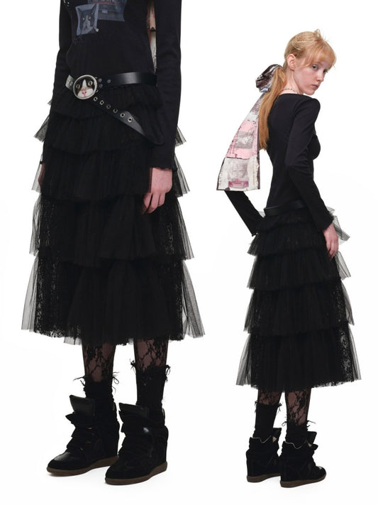 Lace Multi-Layer Pleated Mid-Length Slit Puff Cake Tulle Skirt【s0000019027】