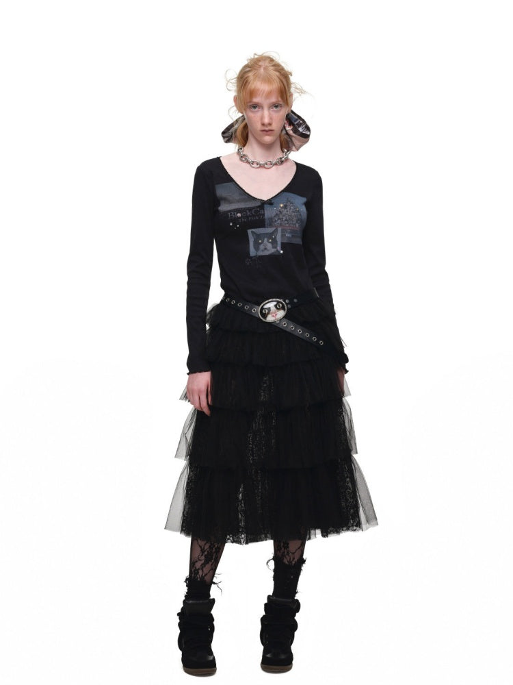 Lace Multi-Layer Pleated Mid-Length Slit Puff Cake Tulle Skirt【s0000019027】