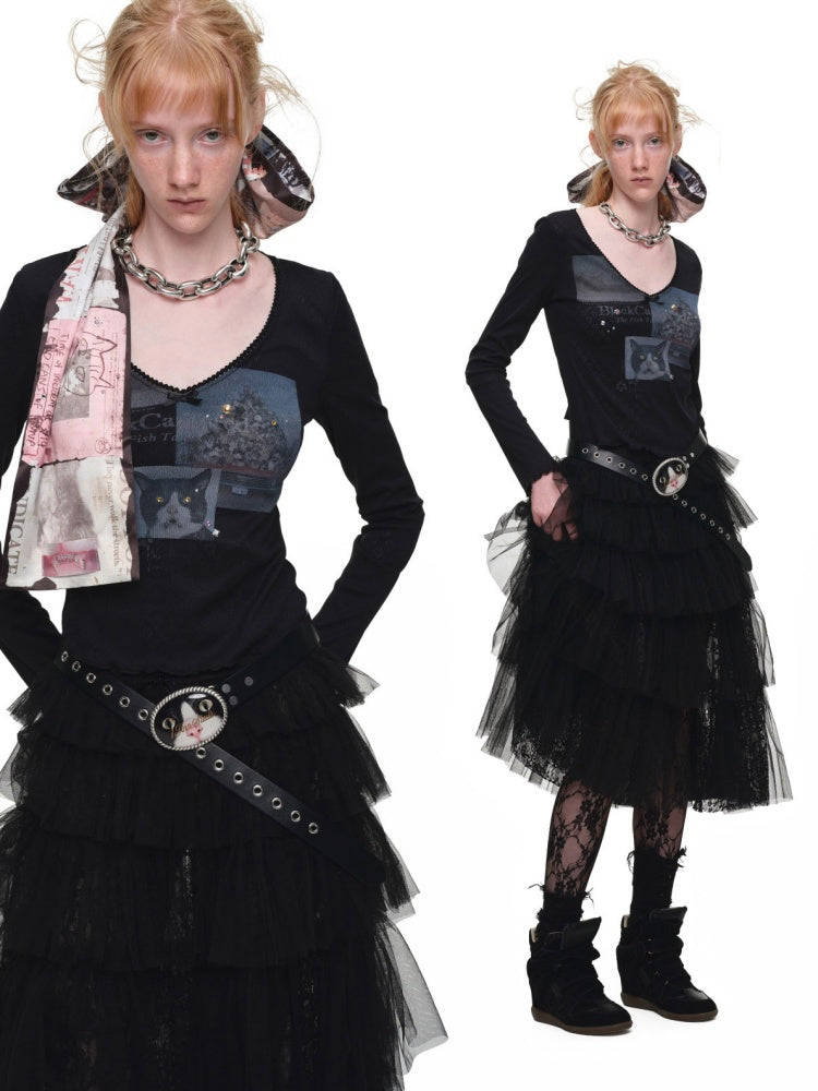 Lace Multi-Layer Pleated Mid-Length Slit Puff Cake Tulle Skirt【s0000019027】
