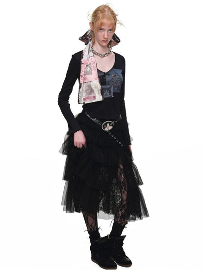Lace Multi-Layer Pleated Mid-Length Slit Puff Cake Tulle Skirt【s0000019027】