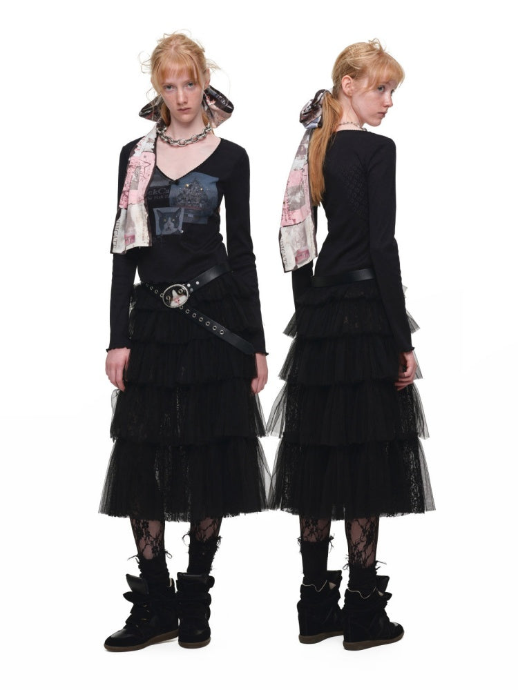 Lace Multi-Layer Pleated Mid-Length Slit Puff Cake Tulle Skirt【s0000019027】