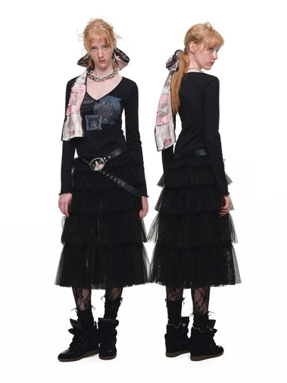 Lace Multi-Layer Pleated Mid-Length Slit Puff Cake Tulle Skirt【s0000019027】