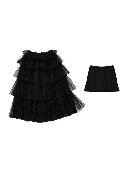 Lace Multi-Layer Pleated Mid-Length Slit Puff Cake Tulle Skirt【s0000019027】