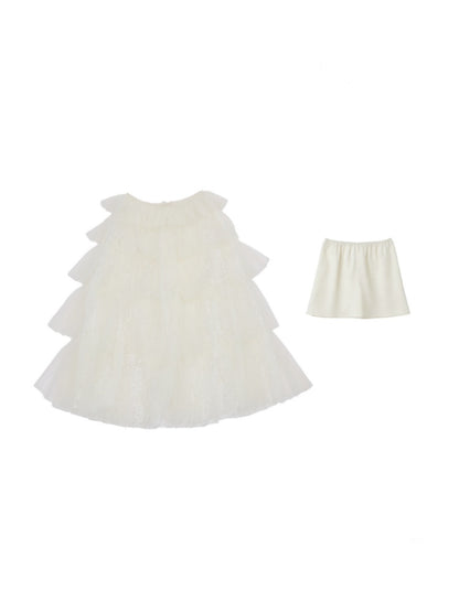 Lace Multi-Layer Pleated Mid-Length Slit Puff Cake Tulle Skirt【s0000019027】