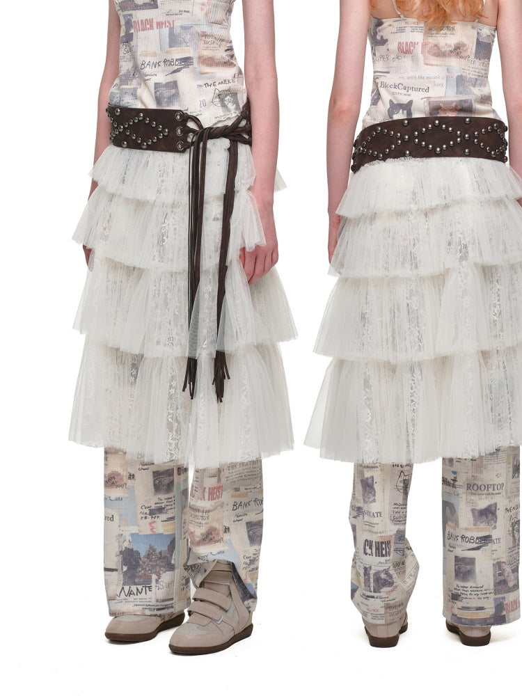 Lace Multi-Layer Pleated Mid-Length Slit Puff Cake Tulle Skirt【s0000019027】