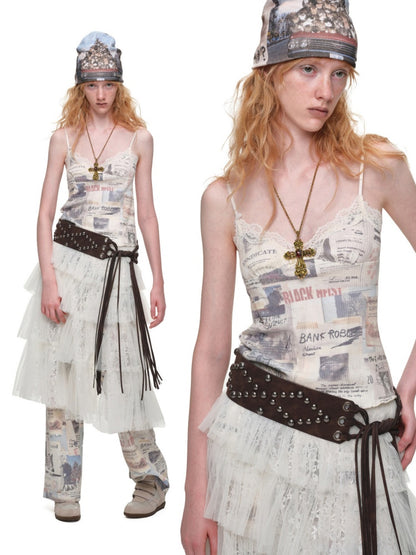 Lace Multi-Layer Pleated Mid-Length Slit Puff Cake Tulle Skirt【s0000019027】