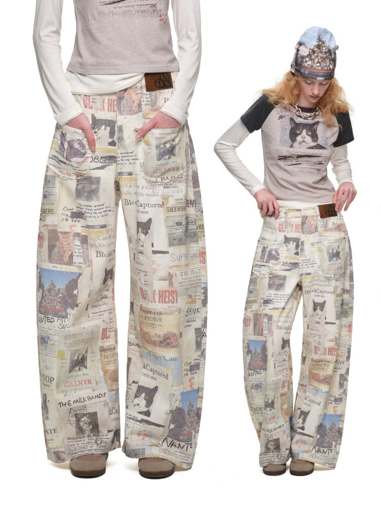 Cat Newspaper Full-Print Cotton Floor-Length Curved Knife Pants【s0000019028】