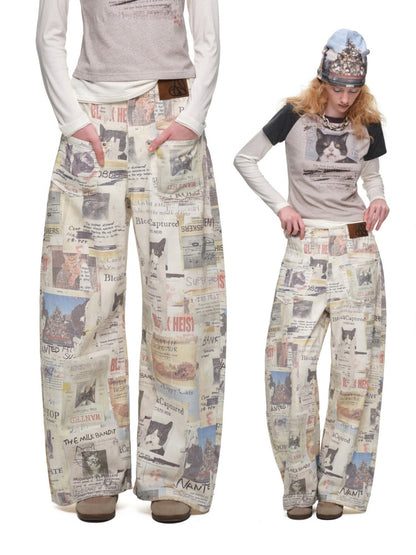 Cat Newspaper Full-Print Cotton Floor-Length Curved Knife Pants【s0000019028】