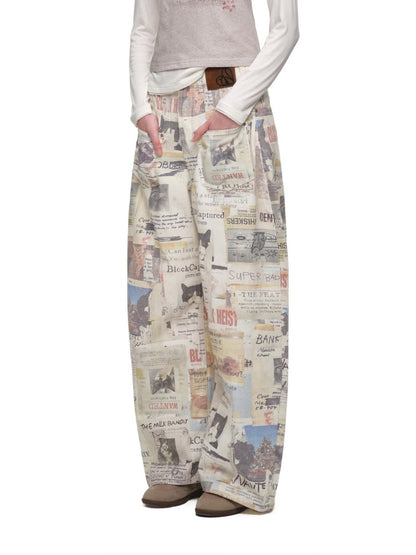 Cat Newspaper Full-Print Cotton Floor-Length Curved Knife Pants【s0000019028】