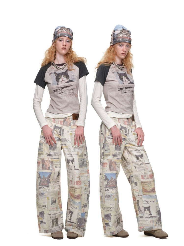 Cat Newspaper Full-Print Cotton Floor-Length Curved Knife Pants【s0000019028】