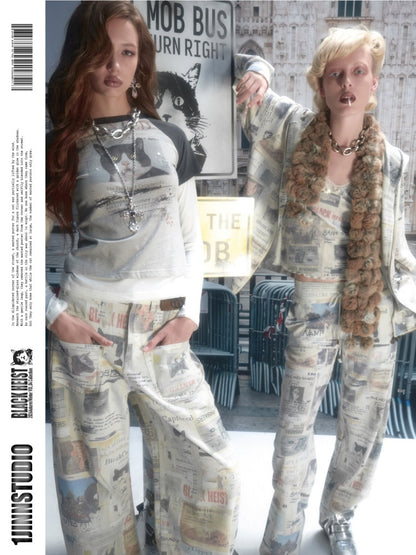 Cat Newspaper Full-Print Cotton Floor-Length Curved Knife Pants【s0000019028】