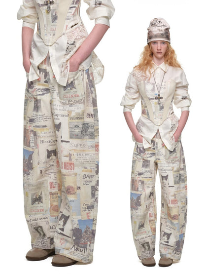 Cat Newspaper Full-Print Cotton Floor-Length Curved Knife Pants【s0000019028】