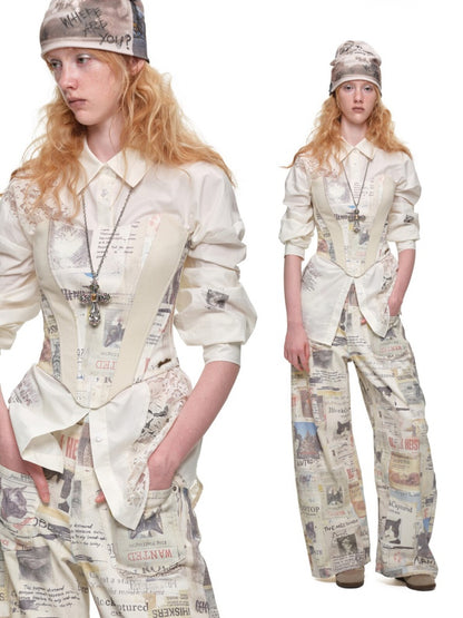 Cat Newspaper Full-Print Cotton Floor-Length Curved Knife Pants【s0000019028】