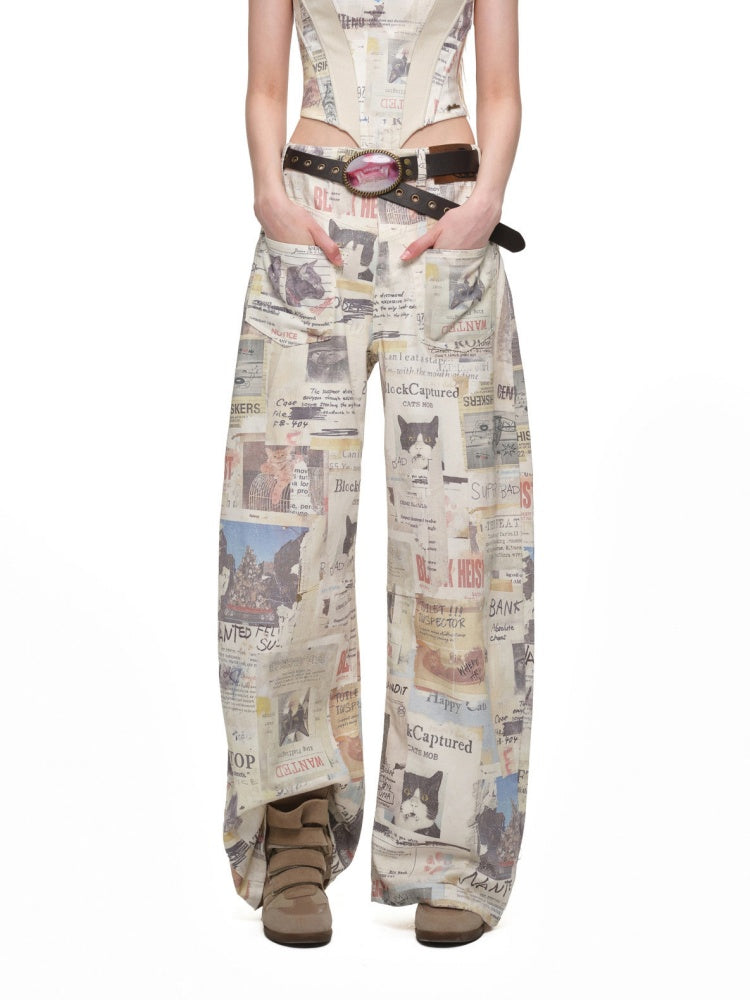 Cat Newspaper Full-Print Cotton Floor-Length Curved Knife Pants【s0000019028】