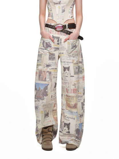 Cat Newspaper Full-Print Cotton Floor-Length Curved Knife Pants【s0000019028】