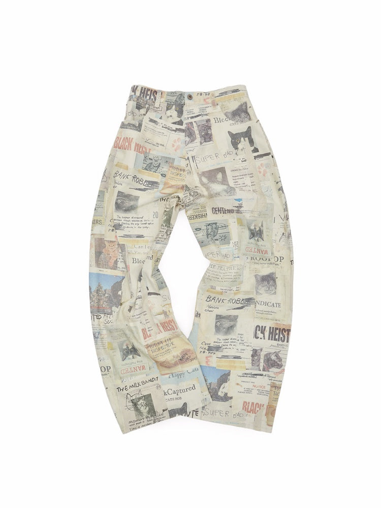 Cat Newspaper Full-Print Cotton Floor-Length Curved Knife Pants【s0000019028】
