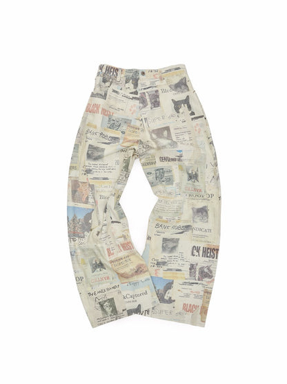 Cat Newspaper Full-Print Cotton Floor-Length Curved Knife Pants【s0000019028】