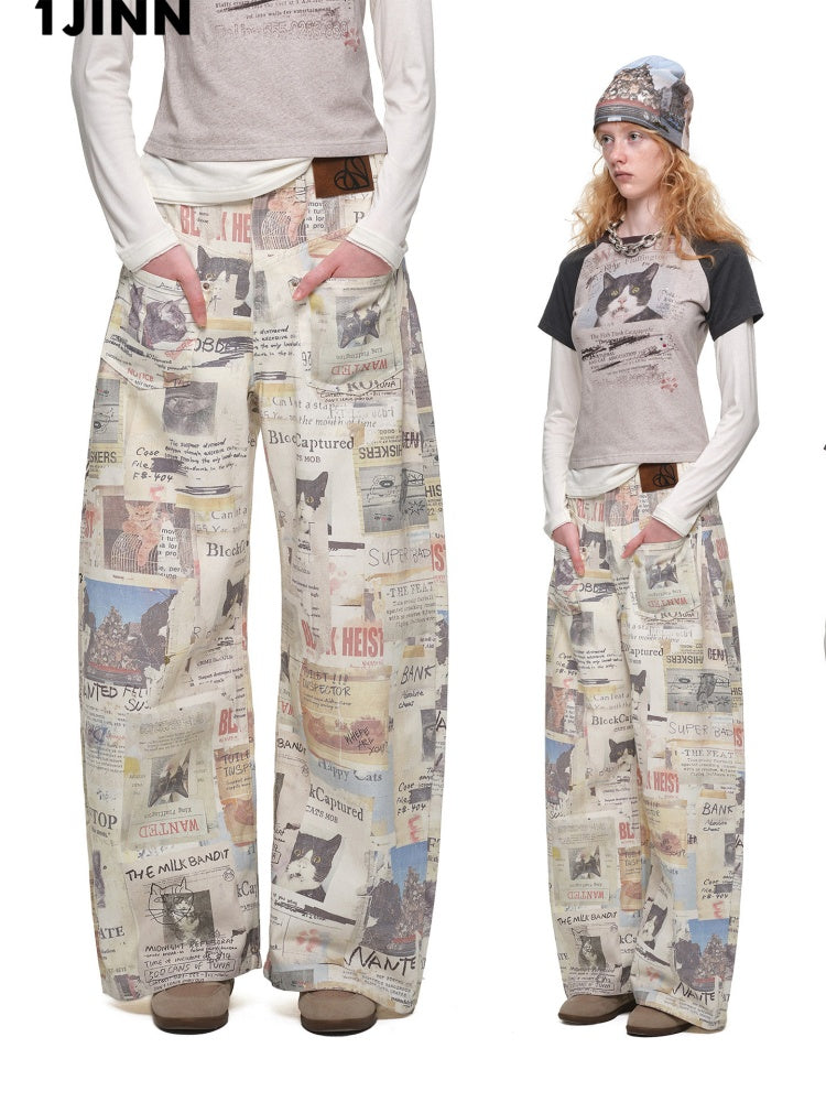 Cat Newspaper Full-Print Cotton Floor-Length Curved Knife Pants【s0000019028】