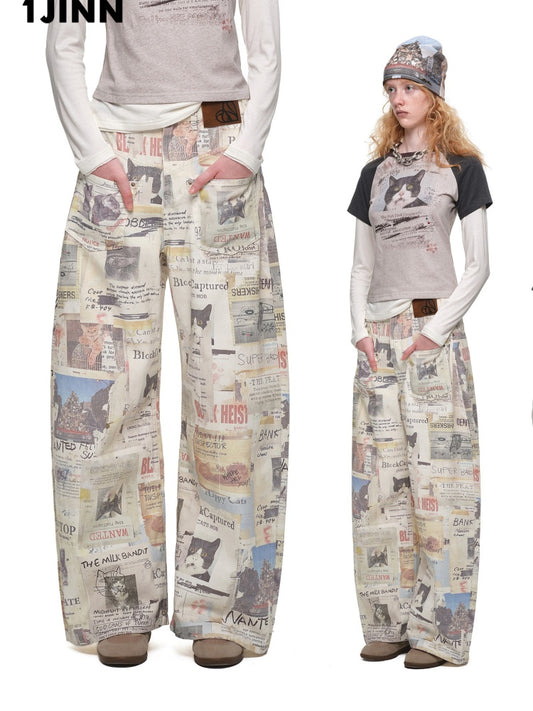 Cat Newspaper Full-Print Cotton Floor-Length Curved Knife Pants【s0000019028】