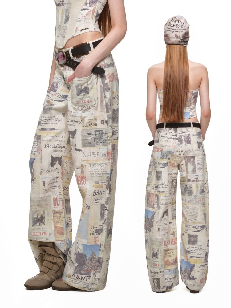 Cat Newspaper Full-Print Cotton Floor-Length Curved Knife Pants【s0000019028】