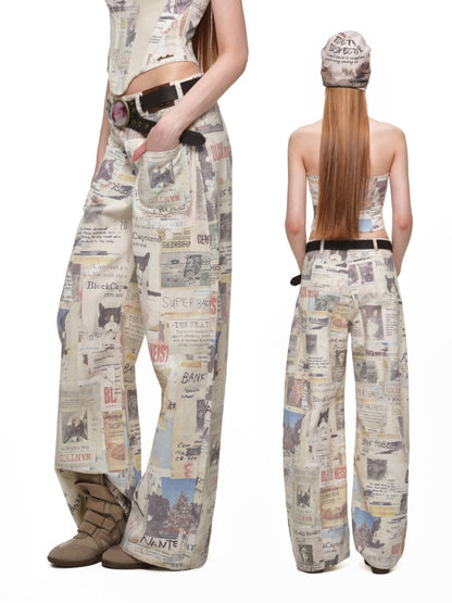 Cat Newspaper Full-Print Cotton Floor-Length Curved Knife Pants【s0000019028】