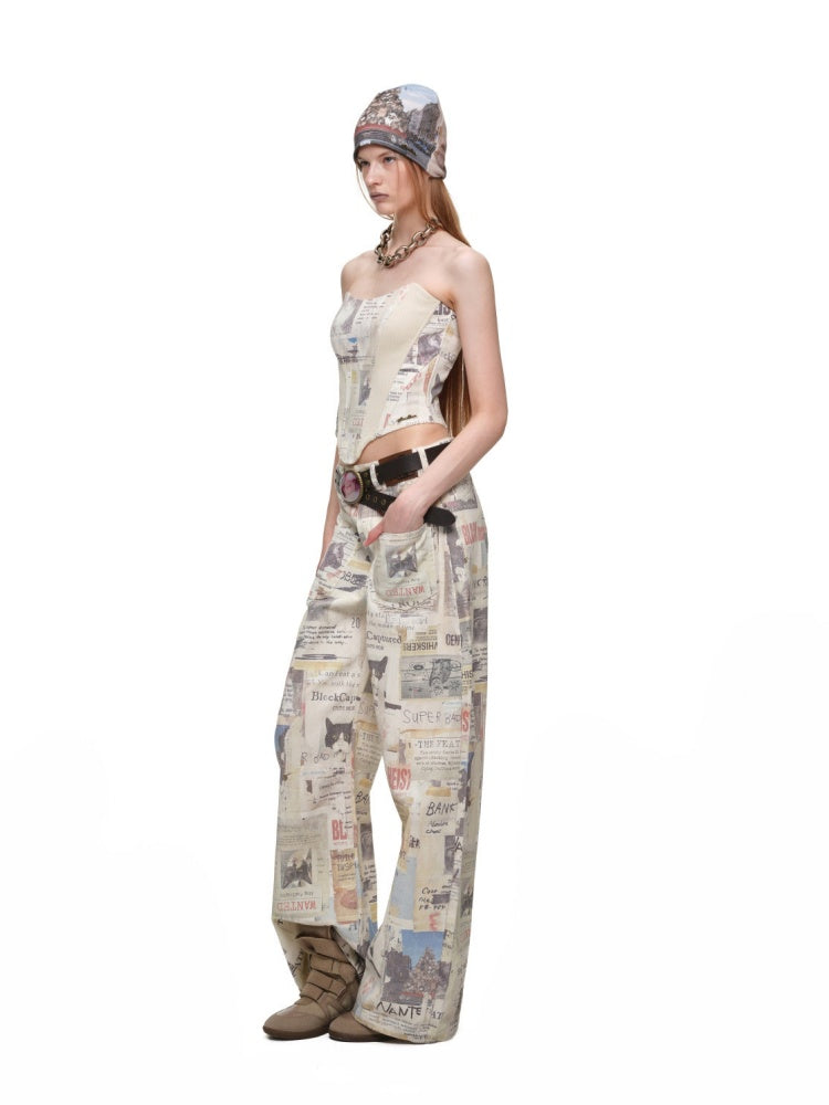 Cat Newspaper Full-Print Cotton Floor-Length Curved Knife Pants【s0000019028】