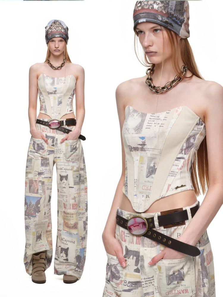 Cat Newspaper Full-Print Cotton Floor-Length Curved Knife Pants【s0000019028】