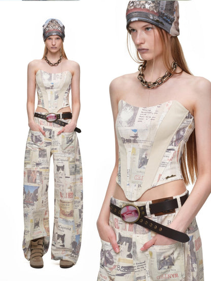 Cat Newspaper Full-Print Cotton Floor-Length Curved Knife Pants【s0000019028】