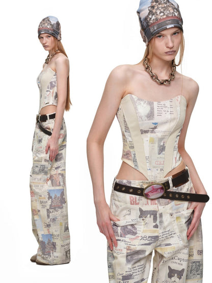 Cat Newspaper Full-Print Cotton Floor-Length Curved Knife Pants【s0000019028】