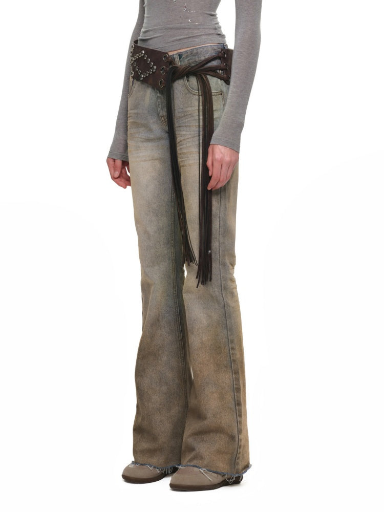 Heavy Industry Vintage Gradient Mud-Dyed Denim Tight Slimming Straight-Leg Flared Pants【s0000019029】