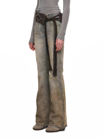 Heavy Industry Vintage Gradient Mud-Dyed Denim Tight Slimming Straight-Leg Flared Pants【s0000019029】
