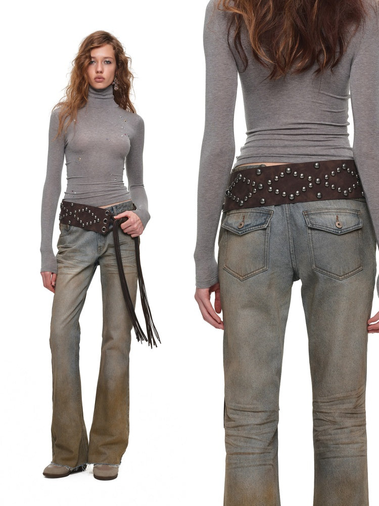 Heavy Industry Vintage Gradient Mud-Dyed Denim Tight Slimming Straight-Leg Flared Pants【s0000019029】