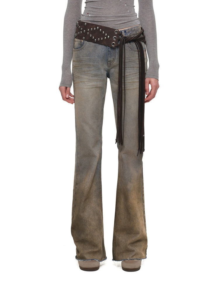 Heavy Industry Vintage Gradient Mud-Dyed Denim Tight Slimming Straight-Leg Flared Pants【s0000019029】