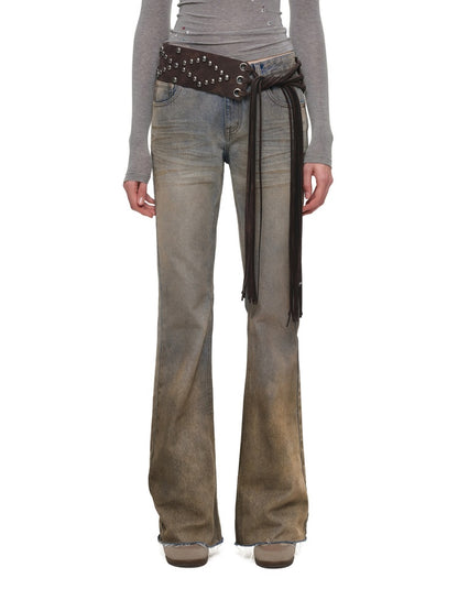 Heavy Industry Vintage Gradient Mud-Dyed Denim Tight Slimming Straight-Leg Flared Pants【s0000019029】