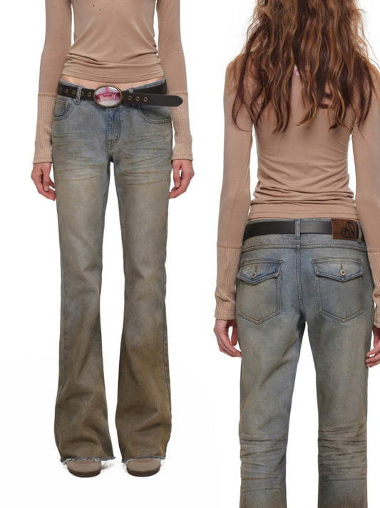 Heavy Industry Vintage Gradient Mud-Dyed Denim Tight Slimming Straight-Leg Flared Pants【s0000019029】