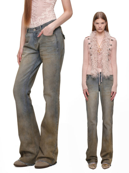Heavy Industry Vintage Gradient Mud-Dyed Denim Tight Slimming Straight-Leg Flared Pants【s0000019029】
