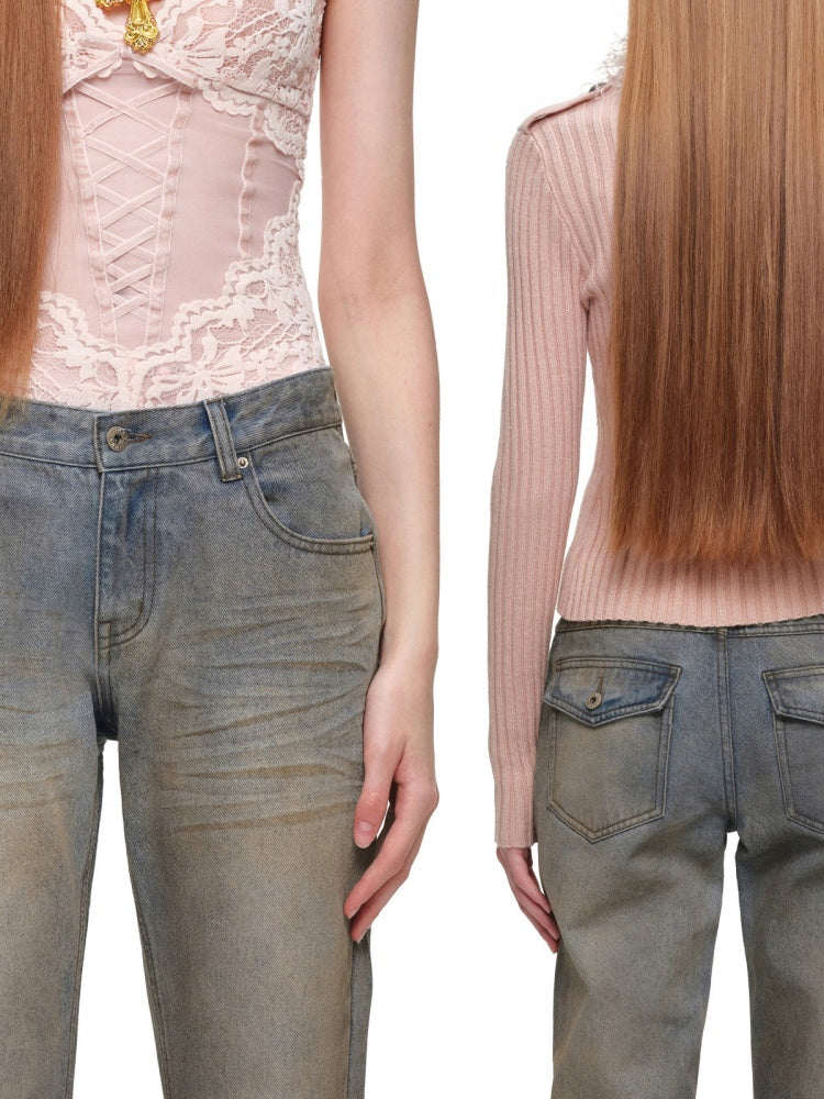 Heavy Industry Vintage Gradient Mud-Dyed Denim Tight Slimming Straight-Leg Flared Pants【s0000019029】