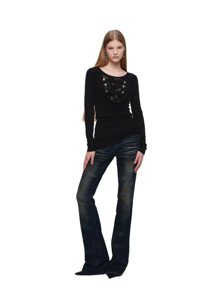 Distressed Washed Rust-Dyed Mid-Low Rise Straight-leg Tight Flared Denim Pants【s0000019030】