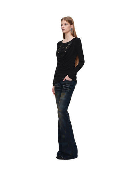Distressed Washed Rust-Dyed Mid-Low Rise Straight-leg Tight Flared Denim Pants【s0000019030】