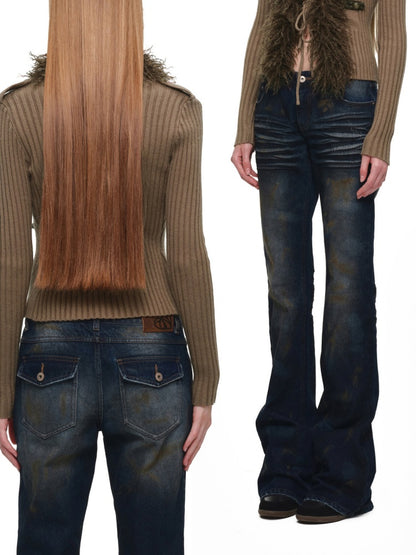 Distressed Washed Rust-Dyed Mid-Low Rise Straight-leg Tight Flared Denim Pants【s0000019030】