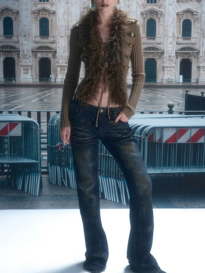 Distressed Washed Rust-Dyed Mid-Low Rise Straight-leg Tight Flared Denim Pants【s0000019030】