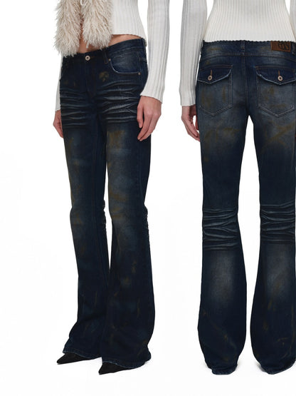 Distressed Washed Rust-Dyed Mid-Low Rise Straight-leg Tight Flared Denim Pants【s0000019030】